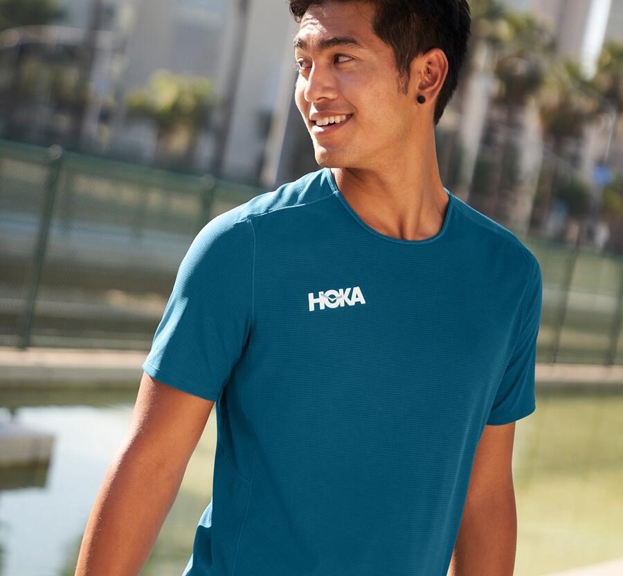 Hoka Australia One One Performance Short Sleeve - Mens Tops Blue - FGQIH-3694